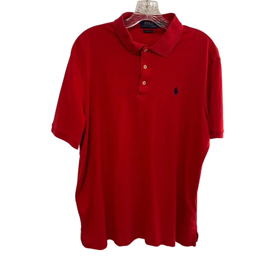Polo Ralph Lauren Polo Shirt Mens L Red Classic Fit Short Sleeve Blue Pony Logo